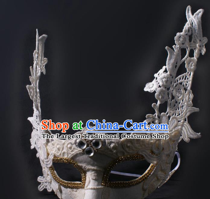 Professional Stage Performance Face Mask Rio Carnival Blinder Headwear Halloween Party Male Cosplay White Lace Mask