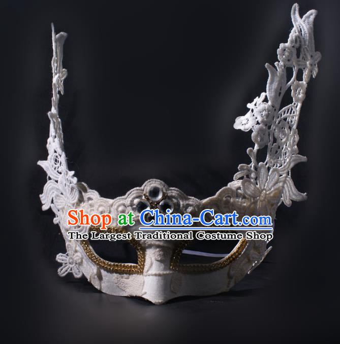 Professional Stage Performance Face Mask Rio Carnival Blinder Headwear Halloween Party Male Cosplay White Lace Mask