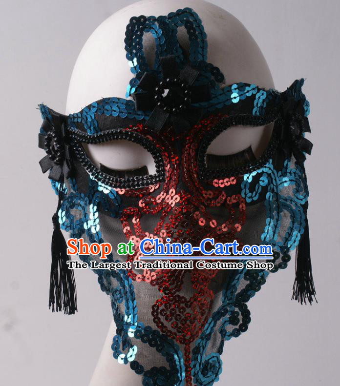 Handmade Costume Ball Female Face Mask Stage Show Blue Sequins Headpiece Halloween Cosplay Party Blinder Mask