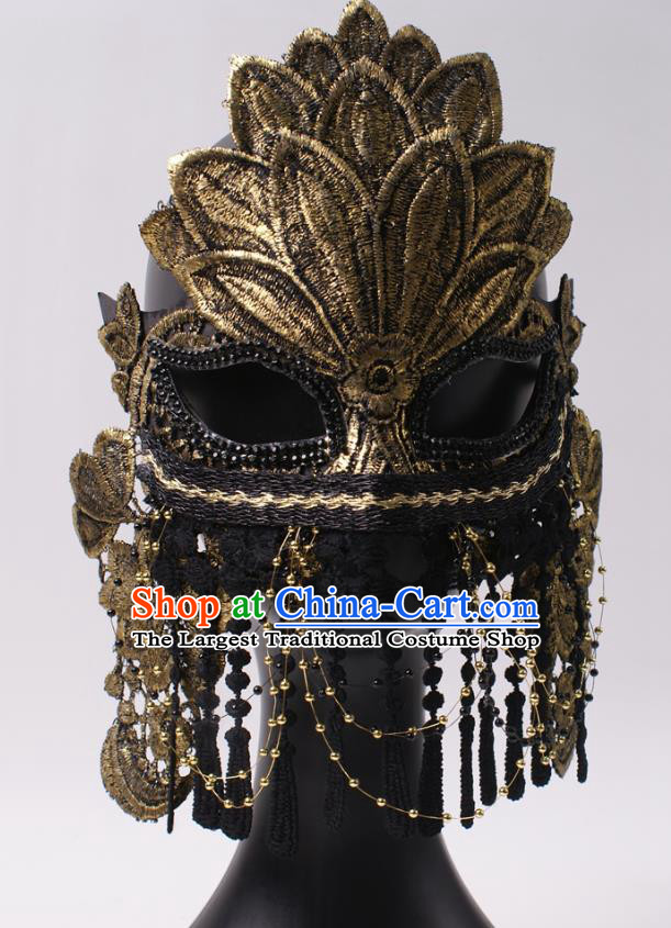 Rio Carnival Headwear Halloween Party Male Cosplay Golden Lace Mask Professional Stage Performance Full Face Mask