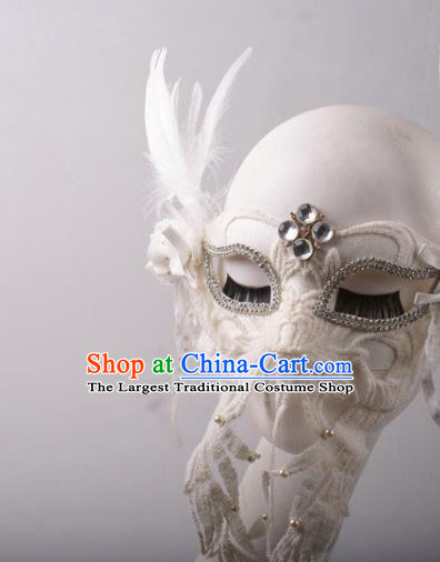 Handmade Halloween Cosplay Party Blinder Mask Costume Ball Queen White Feather Face Mask Stage Show Pearls Lace Headpiece