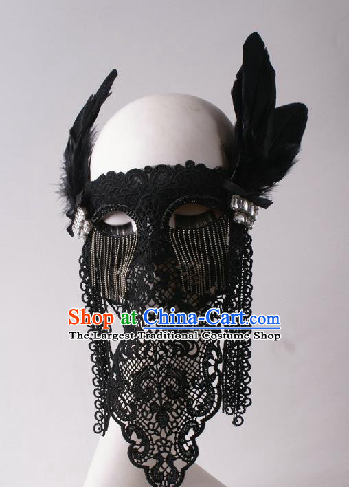 Handmade Stage Show Lace Headpiece Halloween Cosplay Party Blinder Mask Costume Ball Queen Black Feather Face Mask