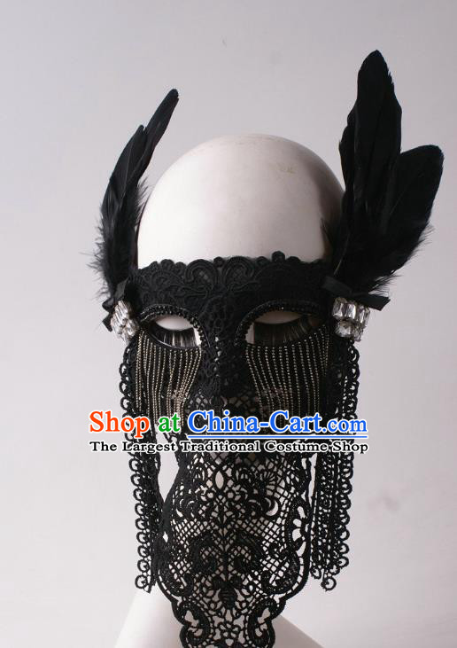 Handmade Stage Show Lace Headpiece Halloween Cosplay Party Blinder Mask Costume Ball Queen Black Feather Face Mask