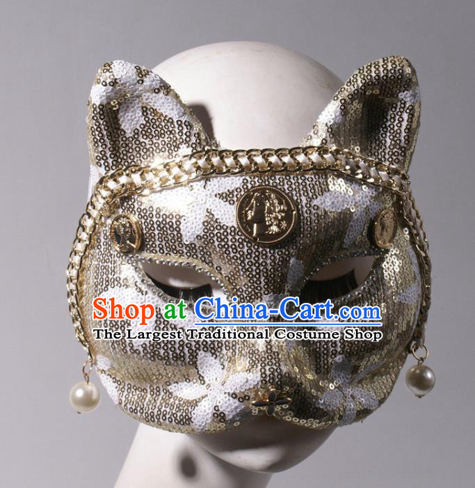 Handmade Stage Show Headpiece Halloween Cosplay Party Woman Fox Mask Costume Ball Golden Sequins Face Mask