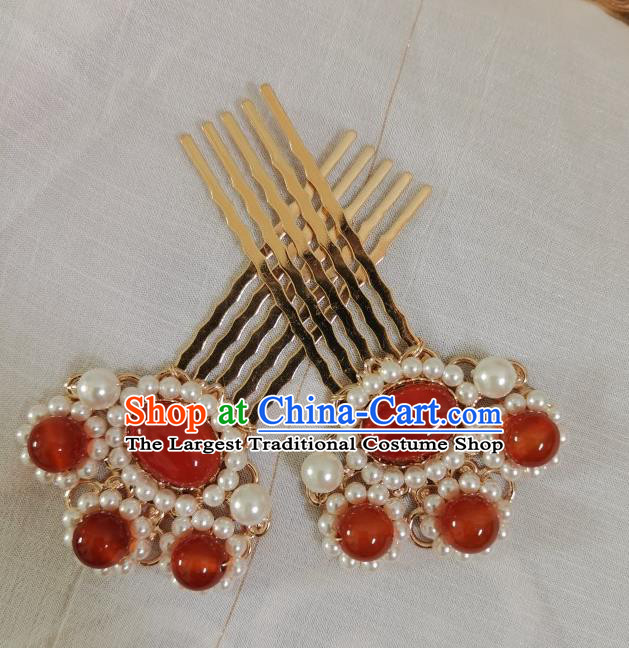 China Ming Dynasty Golden Hair Comb Traditional Ancient Empress Pearls Hair Accessories