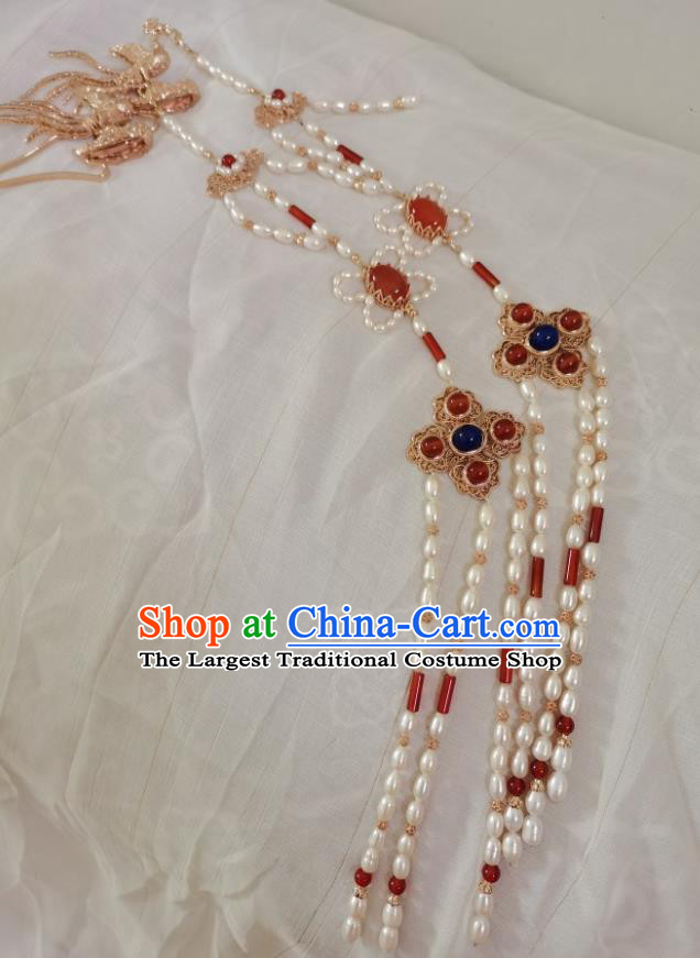 China Ming Dynasty Golden Phoenix Hair Stick Traditional Ancient Empress Hair Accessories Pearls Tassel Hairpin