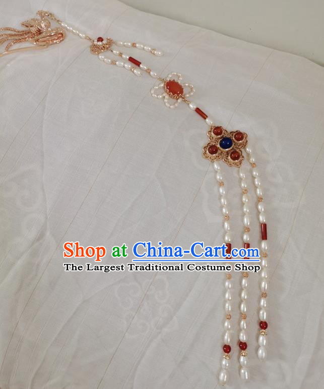 China Ming Dynasty Golden Phoenix Hair Stick Traditional Ancient Empress Hair Accessories Pearls Tassel Hairpin