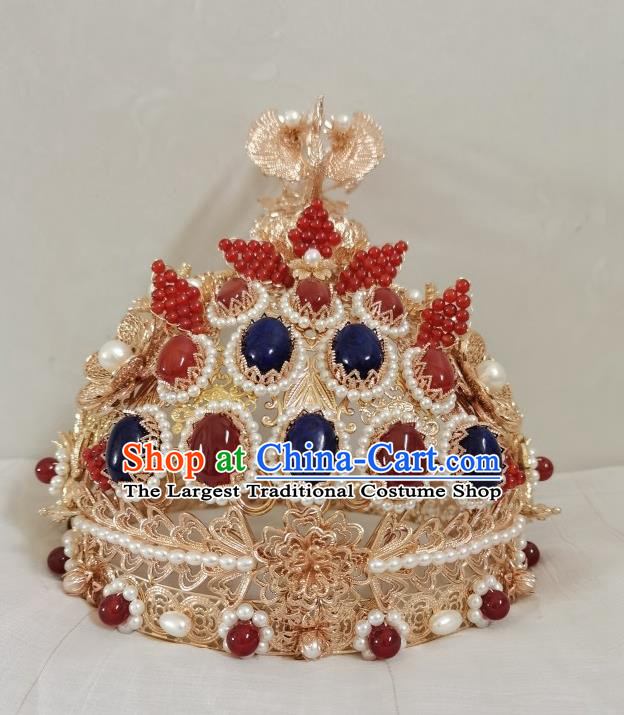 China Ming Dynasty Empress Gems Hair Crown Traditional Ancient Royal Queen Hair Accessories Golden Phoenix Coronet