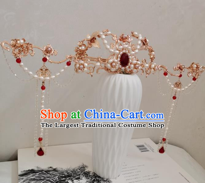 China Ancient Queen Hair Accessories Traditional Ming Dynasty Empress Pearls Hair Crown and Tassel Hairpins