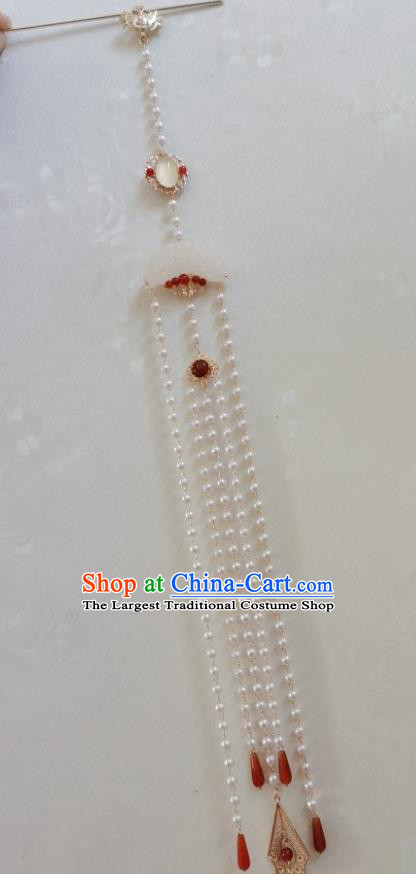 Handmade Chinese Traditional Qing Dynasty Empress Jade Pendant Accessories Ancient Imperial Concubine Pearls Tassel Brooch
