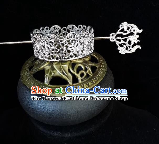 Chinese Traditional Tang Dynasty Prince Argent Hair Crown and Hairpin Ancient Nobility Childe Headwear
