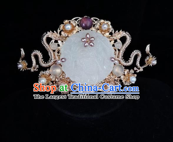China Traditional Ming Dynasty Empress Jade Hair Crown and Tassel Hairpin Ancient Noble Lady Hair Accessories