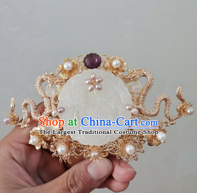 China Traditional Ming Dynasty Empress Jade Hair Crown and Tassel Hairpin Ancient Noble Lady Hair Accessories