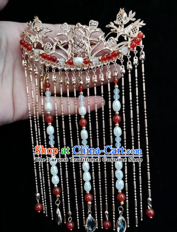China Ancient Imperial Concubine Golden Hairpin Traditional Ming Dynasty Empress Tassel Hair Comb