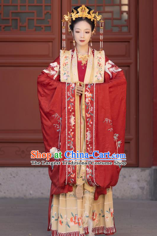 China Traditional Wedding Hanfu Garments Song Dynasty Empress Historical Clothing Ancient Queen Red Dress Apparels and Headdress Complete Set