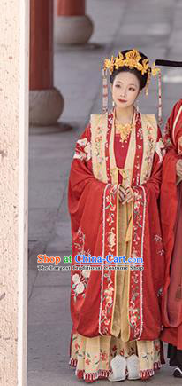 China Traditional Wedding Hanfu Garments Song Dynasty Empress Historical Clothing Ancient Queen Red Dress Apparels and Headdress Complete Set