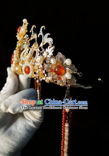 China Traditional Hanfu Tassel Hair Crown Ancient Court Woman Hair Accessories Ming Dynasty Empress Golden Dragon Hair Clasp