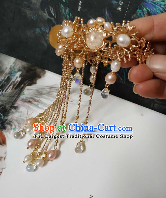 Handmade Chinese Tang Dynasty Golden Bangle Accessories Traditional Ancient Princess Pearls Tassel Bracelet