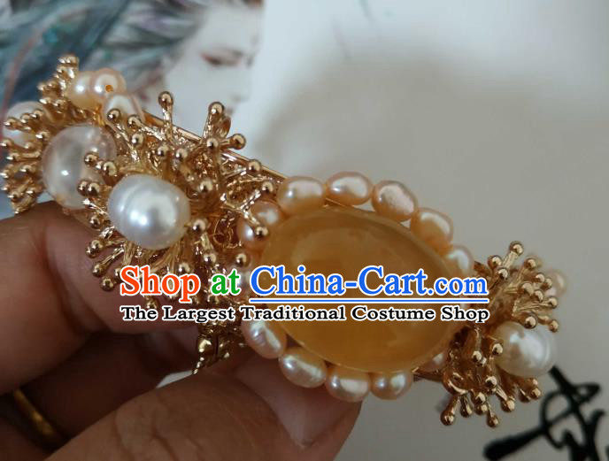 Handmade Chinese Tang Dynasty Golden Bangle Accessories Traditional Ancient Princess Pearls Tassel Bracelet