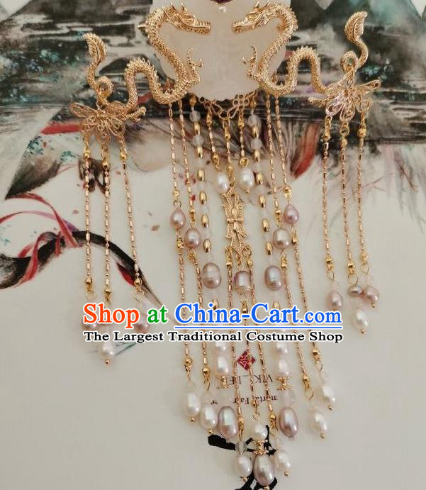 China Ancient Empress Golden Dragon Tassel Hairpin Traditional Hanfu Hair Accessories Ming Dynasty Court Jade Hair Crown