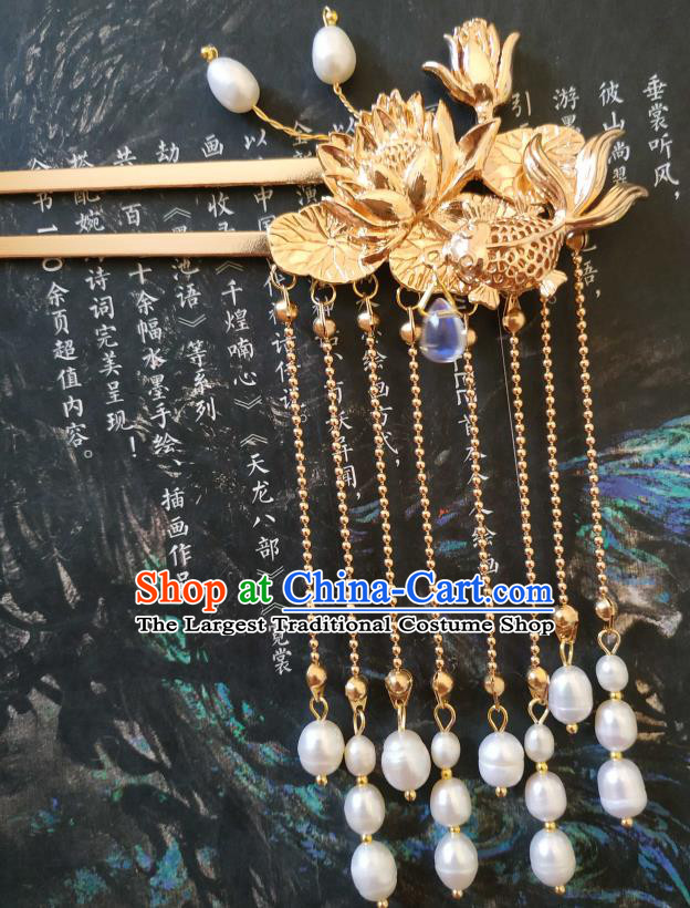 China Ancient Princess Golden Lotus Hairpin Traditional Hanfu Hair Accessories Song Dynasty Pearls Tassel Hair Stick