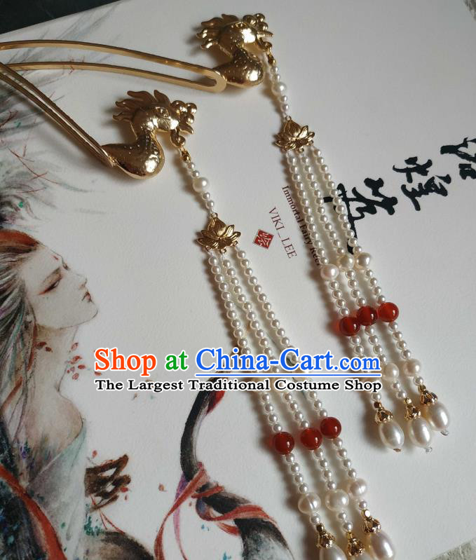 China Ancient Noble Woman Golden Phoenix Hairpin Traditional Hanfu Hair Accessories Ming Dynasty Pearls Tassel Hair Stick