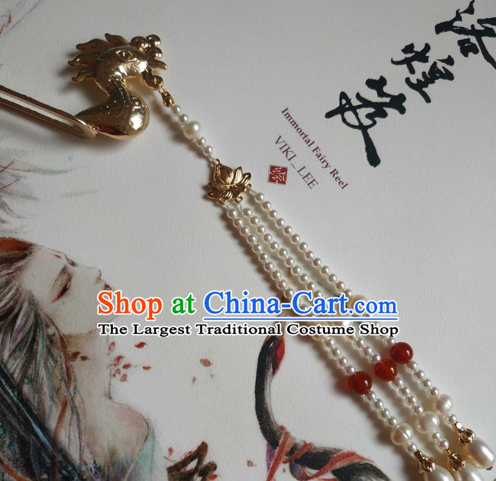 China Ancient Noble Woman Golden Phoenix Hairpin Traditional Hanfu Hair Accessories Ming Dynasty Pearls Tassel Hair Stick