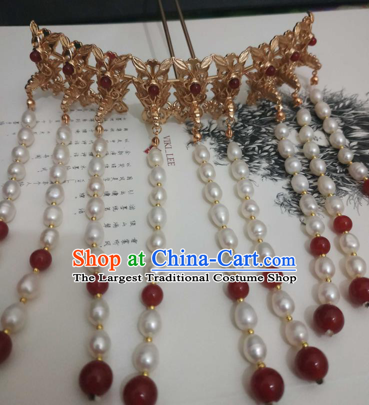 China Ancient Imperial Consort Pearls Tassel Hairpin Traditional Hanfu Hair Accessories Ming Dynasty Empress Golden Phoenix Hair Crown