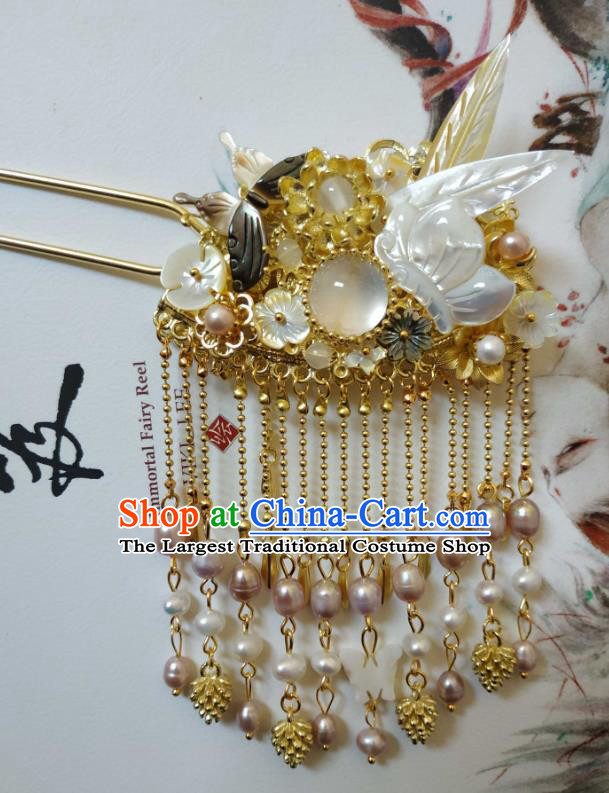 China Ancient Palace Lady Shell Butterfly Hair Stick Traditional Hanfu Hair Accessories Song Dynasty Imperial Consort Golden Hairpin