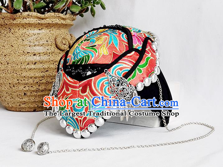 China Yunnan Minority Woman Embroidered Hair Clasp Handmade Silver Tassel Red Hat Ethnic Folk Dance Hair Accessories