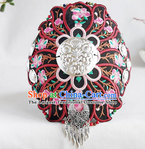 China Handmade Silver Black Headband Ethnic Folk Dance Hair Accessories Yunnan Minority Woman Embroidered Hair Clasp
