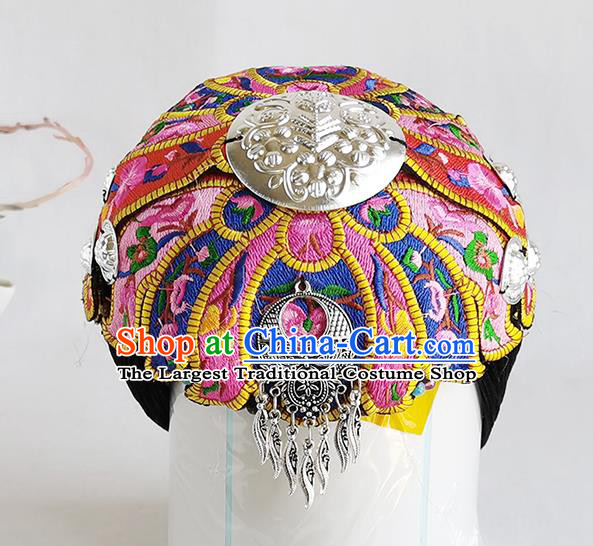 China Handmade Embroidered Pink Headband Ethnic Folk Dance Headdress Yunnan Minority Woman Silver Hair Clasp