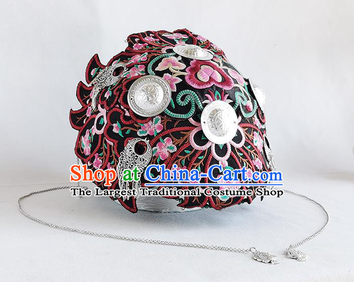 China Yunnan Minority Woman Silver Tassel Hair Clasp Handmade Embroidered Black Headband Ethnic Folk Dance Headdress