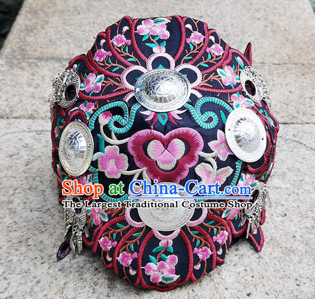 China Yunnan Minority Woman Silver Tassel Hair Clasp Handmade Embroidered Black Headband Ethnic Folk Dance Headdress