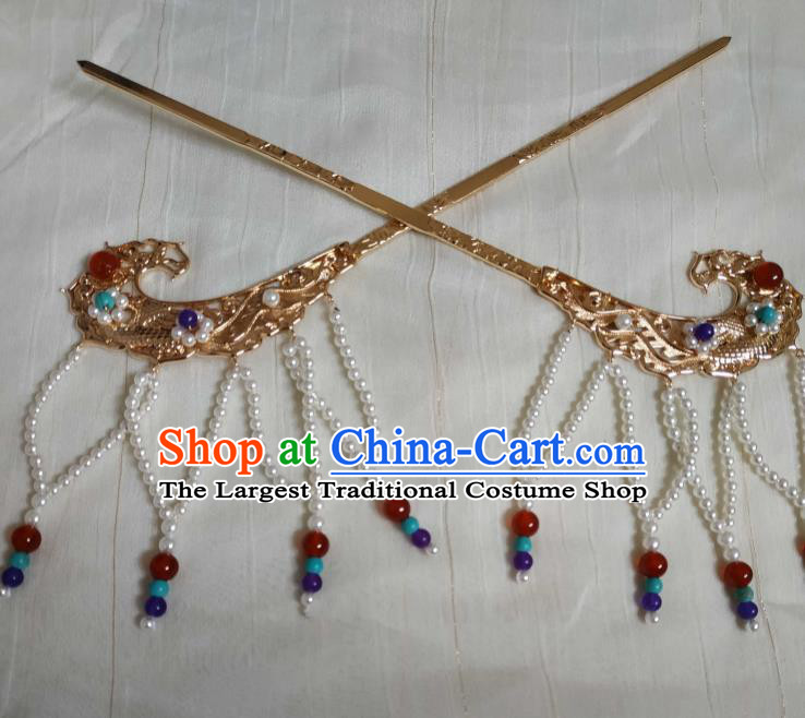 China Ancient Court Queen Tassel Hairpins Traditional Hanfu Hair Accessories Song Dynasty Wedding Phoenix Hair Crown Full Set