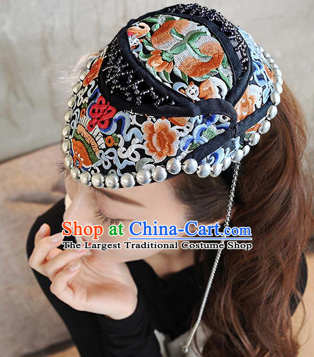 China Yunnan Minority Woman Embroidered Peony Hair Clasp Ethnic Silver Tassel Hat Headwear Handmade Peacock Dance Black Cloth Headband