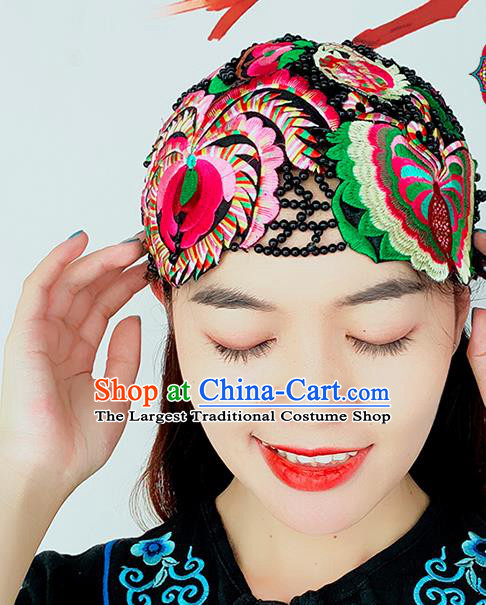 China Ethnic Knitted Hat Headwear Handmade Folk Dance Headband Yunnan Minority Woman Embroidered Butterfly Hair Clasp