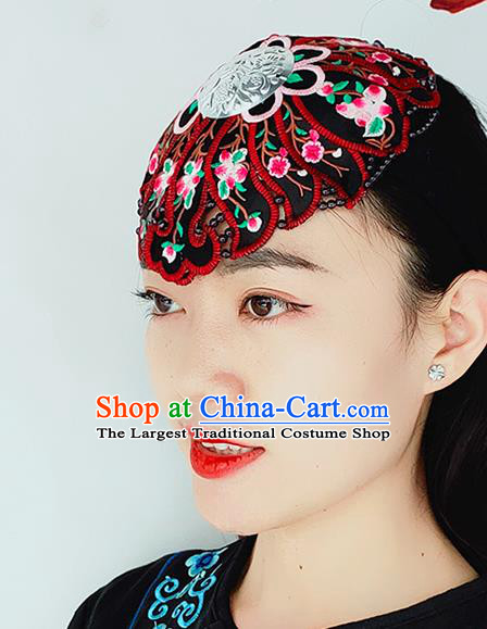 China Ethnic Woman Headwear Handmade Folk Dance Headband Yunnan Minority Embroidered Black Hair Clasp