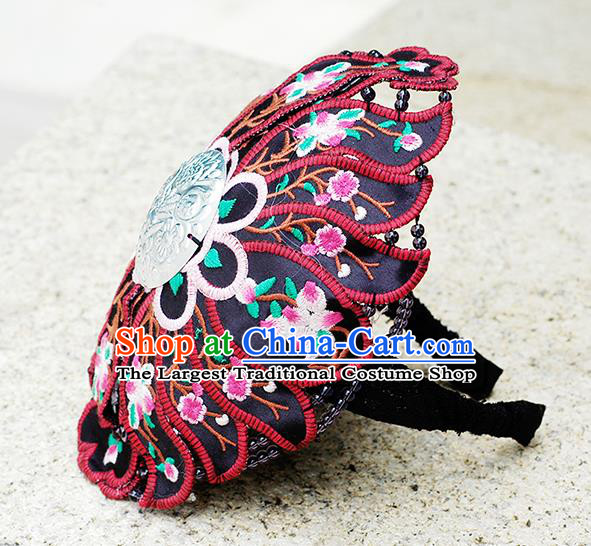 China Ethnic Woman Headwear Handmade Folk Dance Headband Yunnan Minority Embroidered Black Hair Clasp