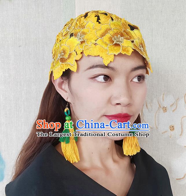 China Handmade Ethnic Folk Dance Headband Yunnan Minority Hair Clasp National Woman Embroidered Yellow Flowers Hat