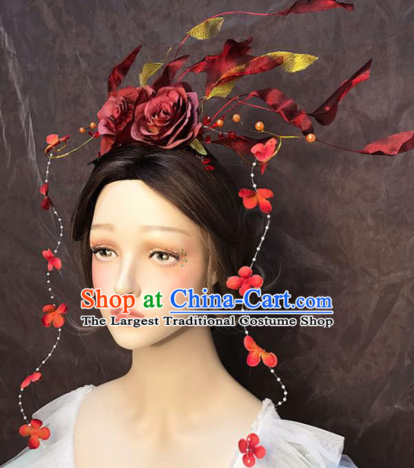 Top Stage Show Red Rose Hair Crown Catwalks Headdress Baroque Bride Hair Accessories