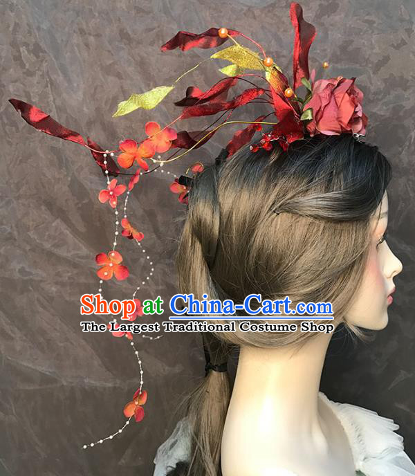 Top Stage Show Red Rose Hair Crown Catwalks Headdress Baroque Bride Hair Accessories