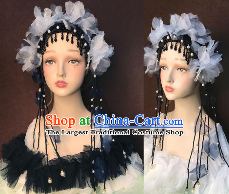 Top Catwalks Tassel Headdress Baroque Bride Black Hair Clasp Stage Show Silk Flowers Hat