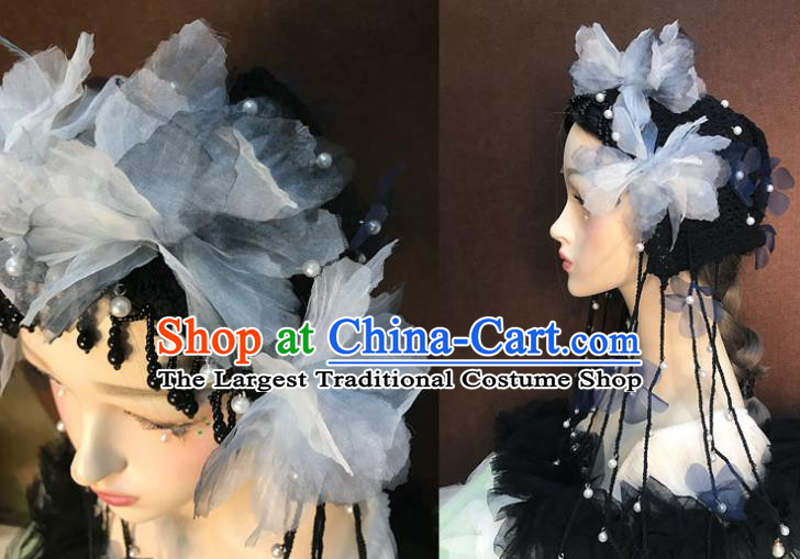 Top Catwalks Tassel Headdress Baroque Bride Black Hair Clasp Stage Show Silk Flowers Hat