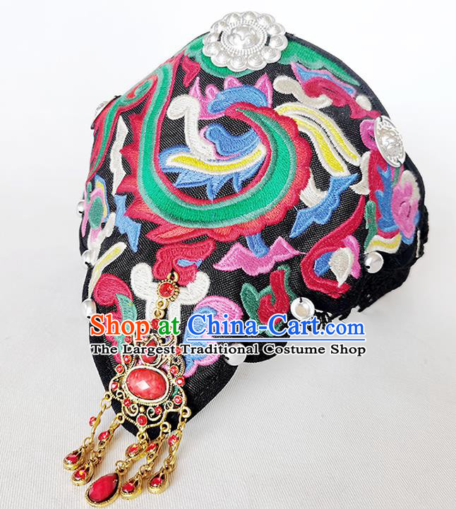 China Yunnan Minority Woman Embroidered Hair Clasp Ethnic Peacock Dance Headwear Handmade Black Cloth Headband