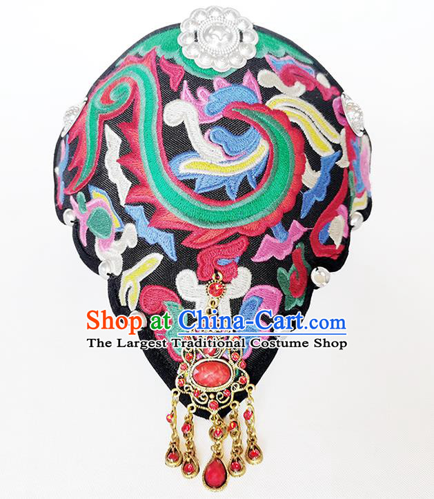 China Yunnan Minority Woman Embroidered Hair Clasp Ethnic Peacock Dance Headwear Handmade Black Cloth Headband