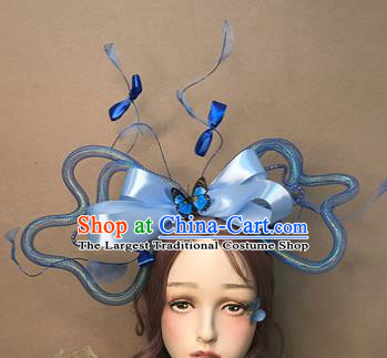 Top Stage Show Giant Headdress Catwalks Hair Accessories Cosplay Flowers Fairy Hair Clasp Baroque Bride Blue Bowknot Hair Crown