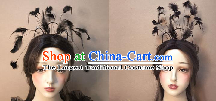 Top Baroque Bride Black Feather Hair Crown Stage Show Giant Headdress Catwalks Hair Accessories Cosplay Goddess Hair Clasp