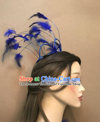 Top Catwalks Hair Accessories Cosplay Goddess Hair Clasp Baroque Bride Blue Feather Hair Crown Stage Show Headdress