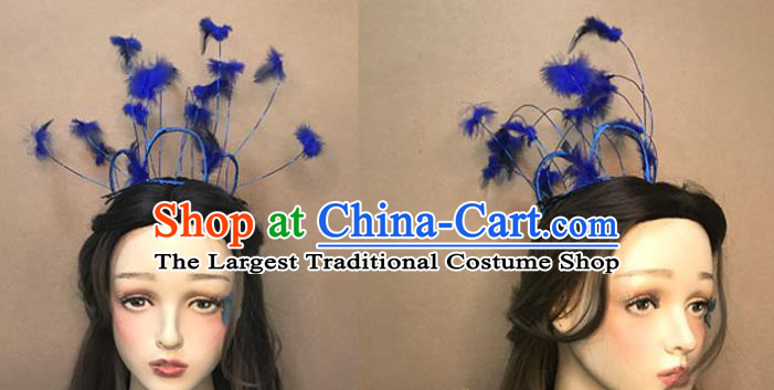 Top Catwalks Hair Accessories Cosplay Goddess Hair Clasp Baroque Bride Blue Feather Hair Crown Stage Show Headdress